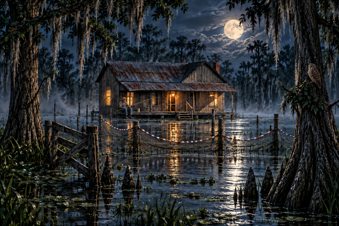 Boudreaux fishing with a cane pole beside a moonlit Louisiana swamp cabin with a barred owl