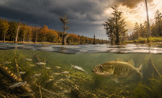 Largemouth bass following a crankbait and shad in an ArkLaTex cypress lake during changing fall weather